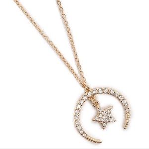 Crescent Moon Star Rhinestone Pendant Necklace